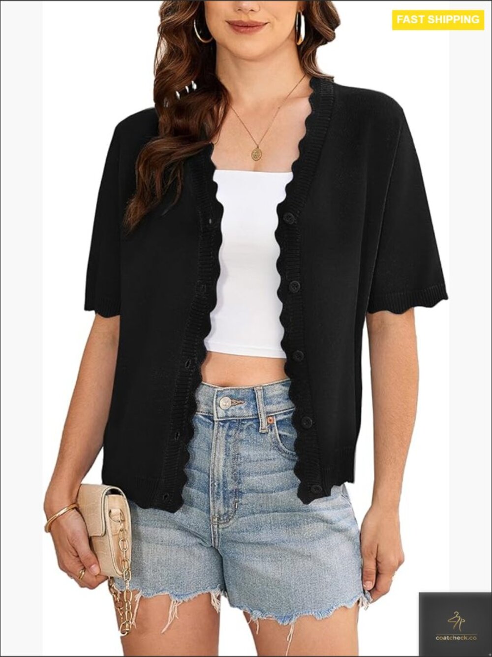 Scalloped Cropped Knit Cardigan Shrug Lightweight Summer Sweater Button Front
